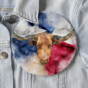 Longhorn cow with Texas Flag Map Watercolor 6 Inch Round Button