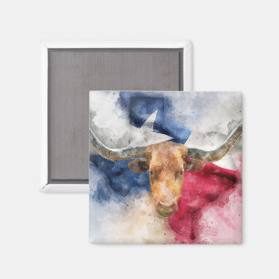 Longhorn cow with Texas Flag Map Watercolor Magnet
