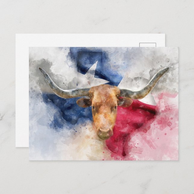 Longhorn cow with Texas Flag Map Watercolor Postcard (Front/Back)