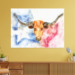 Longhorn cow with Texas map and Flag Watercolor Canvas Print