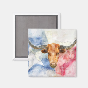 Longhorn cow with Texas map and Flag Watercolor Magnet