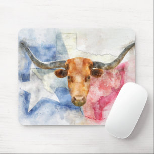 Longhorn cow with Texas map and Flag Watercolor Mouse Pad