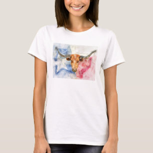 Longhorn cow with Texas map and Flag Watercolor T-Shirt