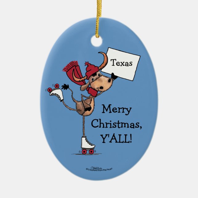 Longhorn Roller Skating-Merry Christmas Y'all! Ceramic Ornament (Front)