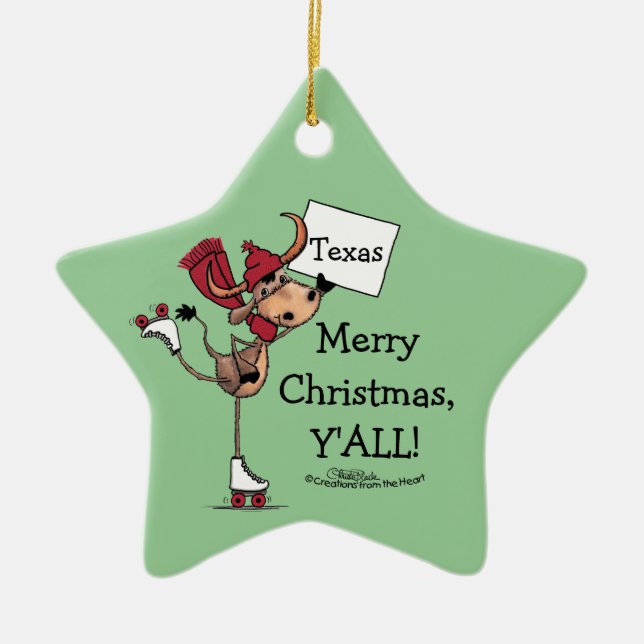 Longhorn Roller Skating-Merry Christmas Y'all! Ceramic Ornament (Front)