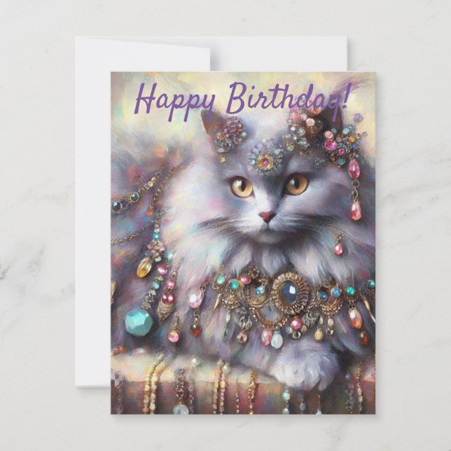 Longue Cheveux Gris Chat Bijoux Gemstones Carte d' (Devant)