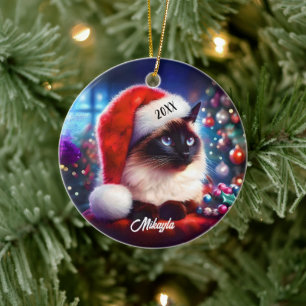 Lonh Hair Siamese Cat in a Santa Hat Christmas Ceramic Ornament