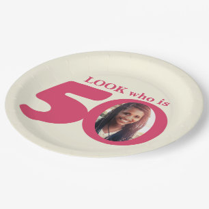 Look 50th birthday photo cream pink paper plate