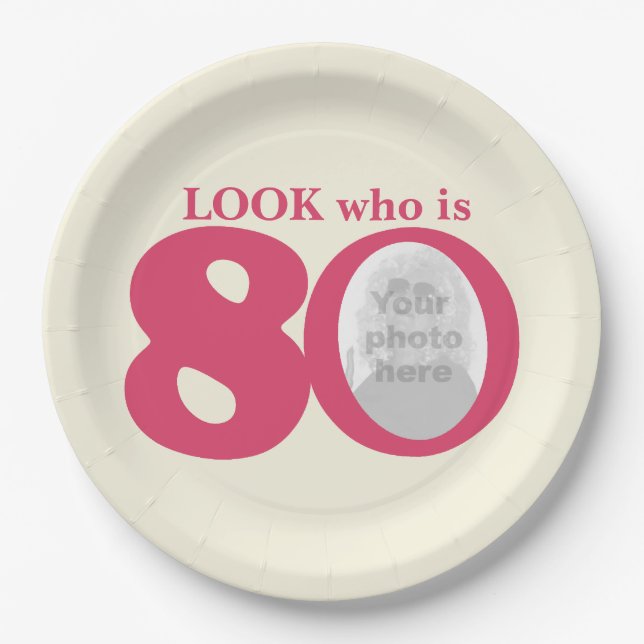 Look 80th birthday photo cream pink paper plate (Front)