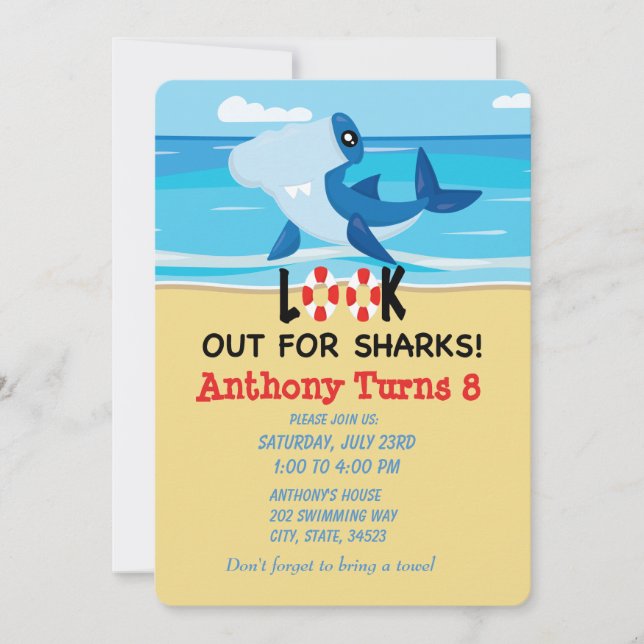 Look Out For Sharks...Beach Birthday Invitation (Front)