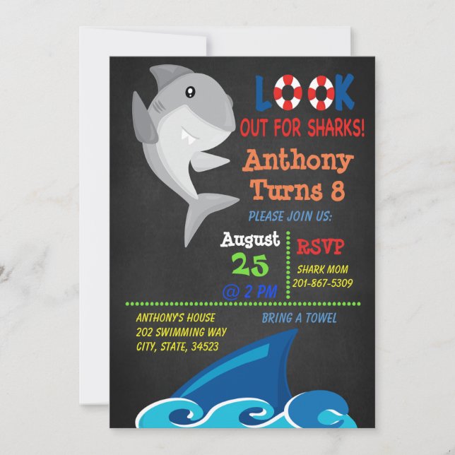 Look Out For Sharks Pool Party Birthday Invitation (Front)