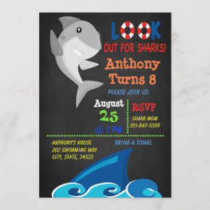 Look Out For Sharks Pool Party Birthday Invitation