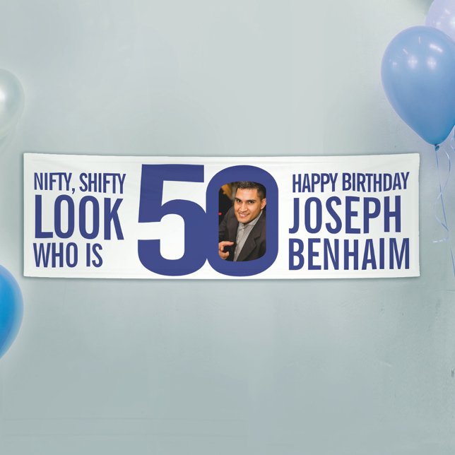 Look who 50 50th birthday party photo blue white banner (Creator Uploaded)
