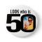 Look who is 50 photo black and white button/badge