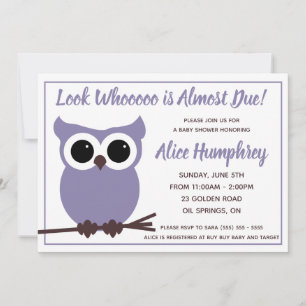 Look Who is Almost Due! Purple Owl Baby Shower Invitation