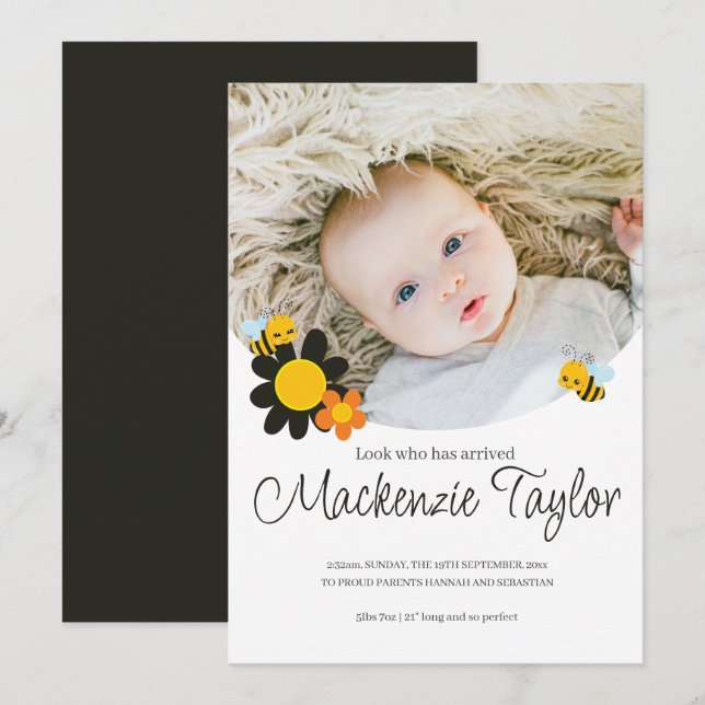 Look Who is Here New Baby Bee themed Announcement (Front/Back)
