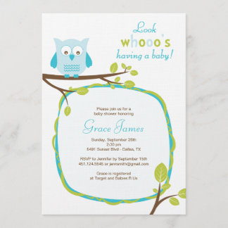 Look whooo's having a baby - Blue owl baby shower Invitation