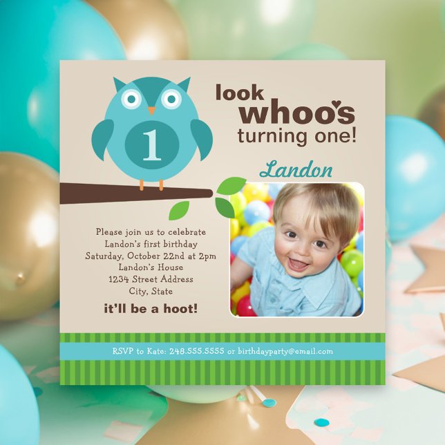 Look Whoos Turning One Blue Owl Birthday Invitation (Creator Uploaded)