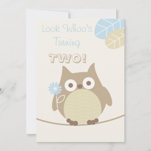 Look Whoo's Turning Two Baby Boy Birthday Invitation (Front)