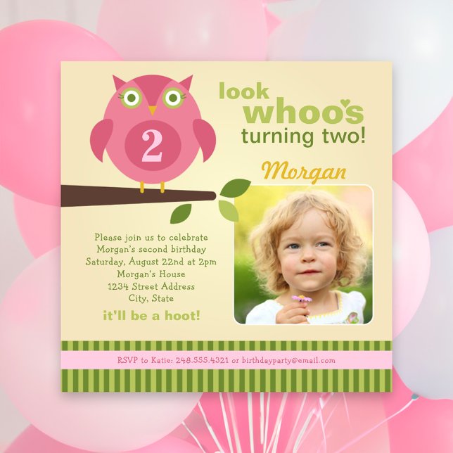 Look Whoos Turning Two Pink Owl Birthday Invitation (Creator Uploaded)