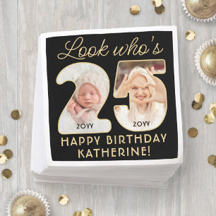 Look Who's 25 Black & Gold Birthday Party 2 Photo Napkin