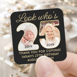 Look Who's 25 Black & Gold Birthday Party 2 Photo Square Sticker