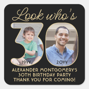 Look Who's 30 Black & Gold Birthday Party 2 Photo Square Sticker