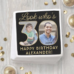 Look Who's 30 Black & Gold Happy Birthday 2 Photo Napkin<br><div class="desc">Look who's 30! Add an elegant personalized touch to 30th birthday party decorations for him or her with stylish custom photo paper napkins. Pictures and wording on this template are simple to customize (IMAGE PLACEMENT TIP: An easy way to position a photo exactly how you want is to crop it...</div>