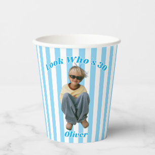 Look who's 30 Blue Striped Photo Birthday Paper Cups
