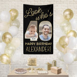 Look Who's 40 Black & Gold 2 Photo Birthday Party Banner<br><div class="desc">Look who's 40! Celebrate a happy 40th birthday for him or her with a custom 2 photo vertical banner. Pictures and wording on this template are simple to personalize. (IMAGE PLACEMENT TIP: An easy way to position a photo exactly how you want is to crop it before uploading to the...</div>