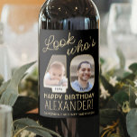 Look Who's 40 Black & Gold 2 Photo Birthday Party Wine Label<br><div class="desc">Look who's 40! Add an elegant personalized touch to 40th birthday party decorations for him or her with custom photo black and gold wine bottle labels. The pictures and wording on this template are simple to customize. (IMAGE PLACEMENT TIP: An easy way to position a photo exactly how you want...</div>