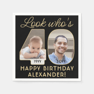 Look Who's 40 Black & Gold Happy Birthday 2 Photo Napkin