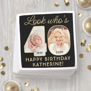 Look Who's 40 Black & Gold Happy Birthday 2 Photo Napkin