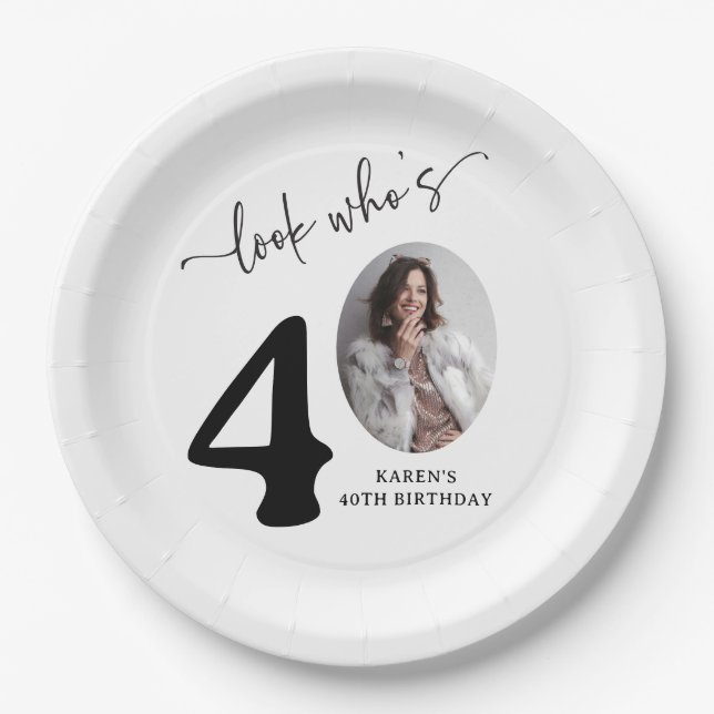 Look Who's 40! Modern Photo 40th Birthday Paper Plate (Front)