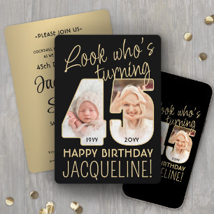 Look Who's 45 Black & Gold Birthday Party 2 Photo Invitation