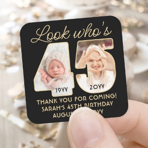 Look Who's 45 Black & Gold Birthday Party 2 Photo Square Sticker