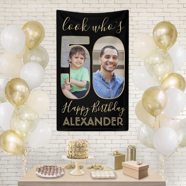 Look Who's 50 Black & Gold 2 Photo Birthday Party Banner (Creator Uploaded)