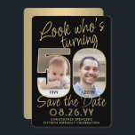 Look Who's 50 Black & Gold 2 Photo Birthday Party Save The Date<br><div class="desc">Look who's turning 50! Invite family and friends to an upcoming 50th birthday celebration with custom photo save the date party invitations. Pictures and wording on this template are simple to personalize. (IMAGE PLACEMENT TIP: An easy way to position a photo exactly how you want is to crop it before...</div>