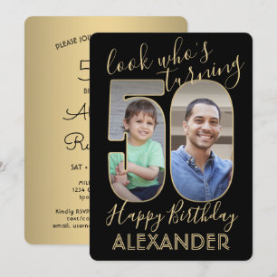Look Who's 50 Black & Gold Birthday Party 2 Photo Invitation