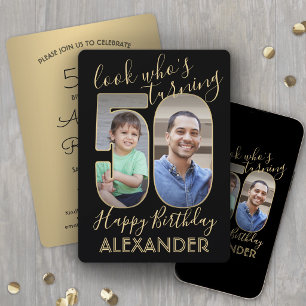 Look Who's 50 Black & Gold Birthday Party 2 Photo Invitation