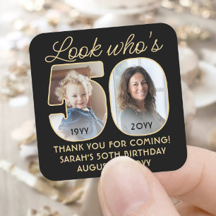 Look Who's 50 Black & Gold Birthday Party 2 Photo Square Sticker