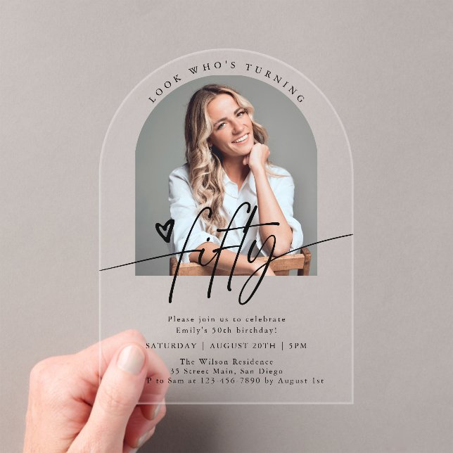 Look Who's 50 | Script Arch 50th Birthday Party Acrylic Invitations (Insitu (Handheld))