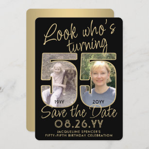 Look Who's 55 Black & Gold 2 Photo Birthday Party Save The Date