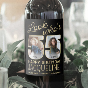 Look Who's 55 Black & Gold Birthday Party 2 Photo Wine Label