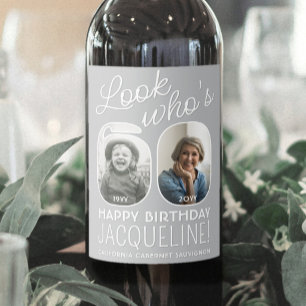 Look Who's 60 Modern Photo Numbers Birthday Party Wine Label