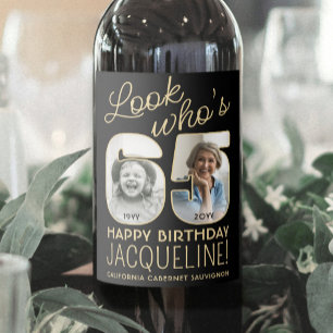 Look Who's 65 Black & Gold 2 Photo Birthday Party Wine Label