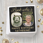 Look Who's 65 Black & Gold Happy Birthday 2 Photo Napkin<br><div class="desc">Look who's 65! Add an elegant personalized touch to 65th birthday party decorations for him or her with stylish custom photo paper napkins. Pictures and wording on this template are simple to customize (IMAGE PLACEMENT TIP: An easy way to position a photo exactly how you want is to crop it...</div>