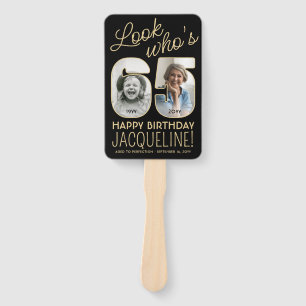 Look Who's 65 Black & Gold Happy Birthday 4 Photo Hand Fan