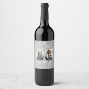 Look Who's 65 Modern Photo Numbers Birthday Party Wine Label