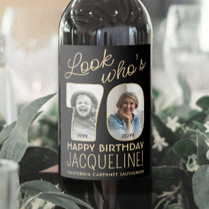 Look Who's 70 Black & Gold 2 Photo Birthday Party Wine Label